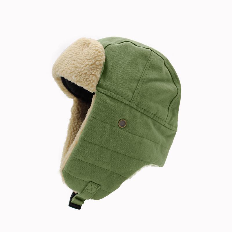 Retro Lamb Wool Canvas Lei Feng Hat with Ear Protection, Velvet-lined, Solid Color, Thickened for Warmth