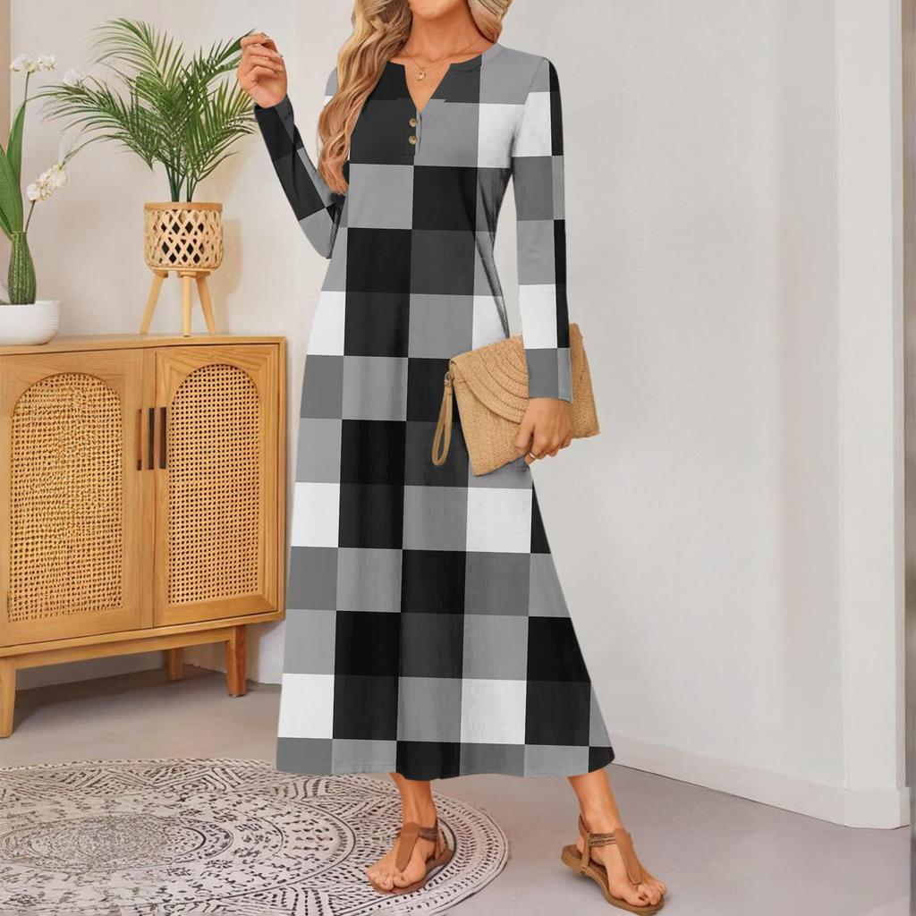 Rochie confortabilă largă cu mânecă lungă, cu imprimeu retro pentru femei, rochie elegantă