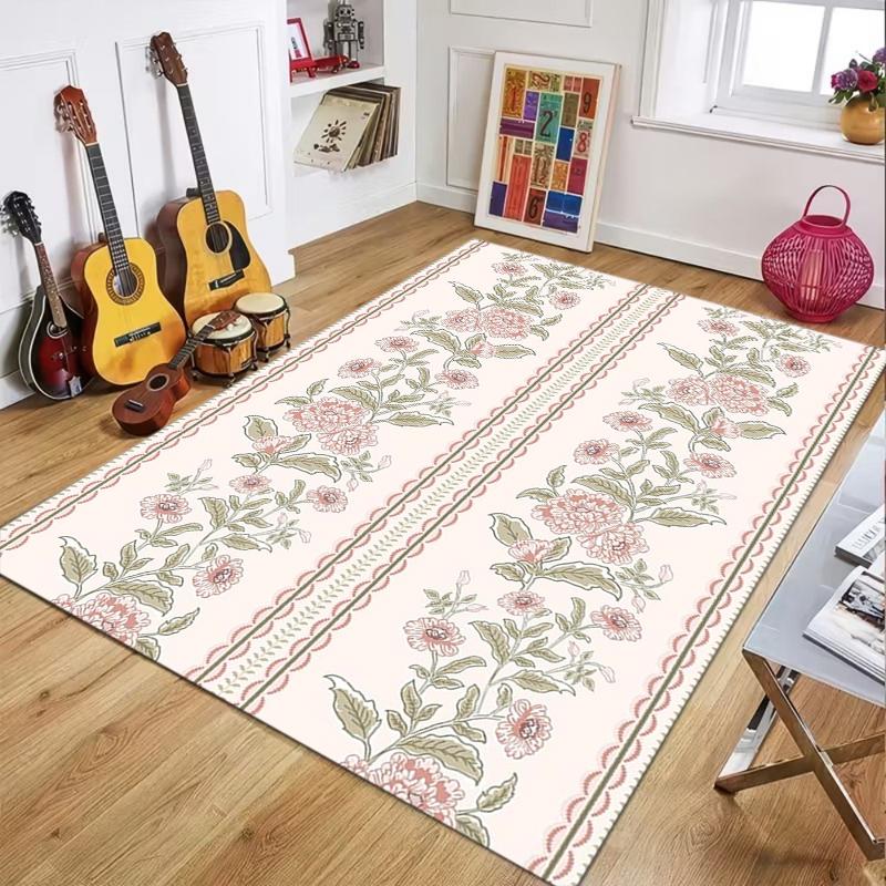 Vintage Botanical Lattice Floral Area Rug, Antique Style Floor Mat for Living Room Bedroom, Non-Slip Washable Home Decor Carpet