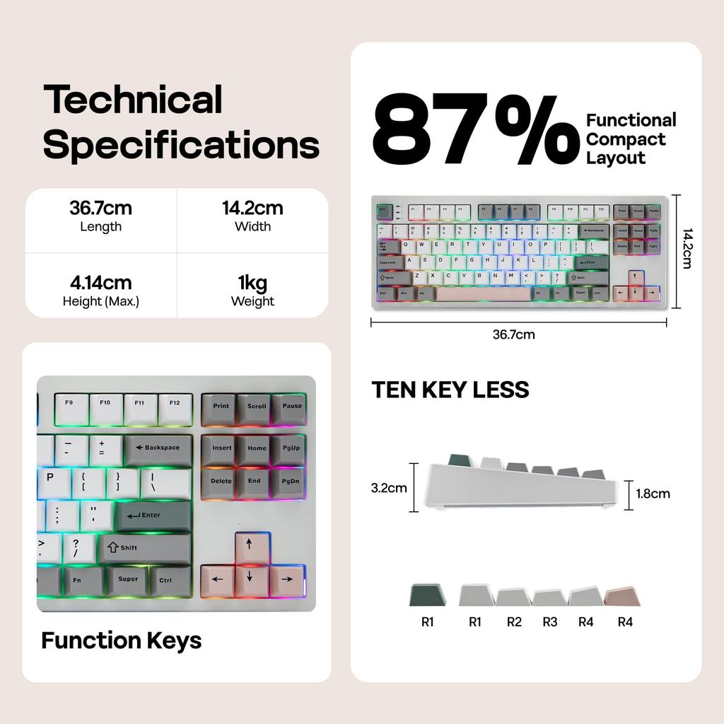 EPOMAKER TH87 Kabellose Mechanische Tastatur mit 10000mAh Benutzerdefinierter PBT RGB Gasket TKL Gaming Kompatibel Jade Akku, BT/2.4GHz/USB Kabelgebunden, Tenkeyless,