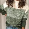 Women  Loose Stripe Print Stitching Long-Sleeved Knitted Sweater