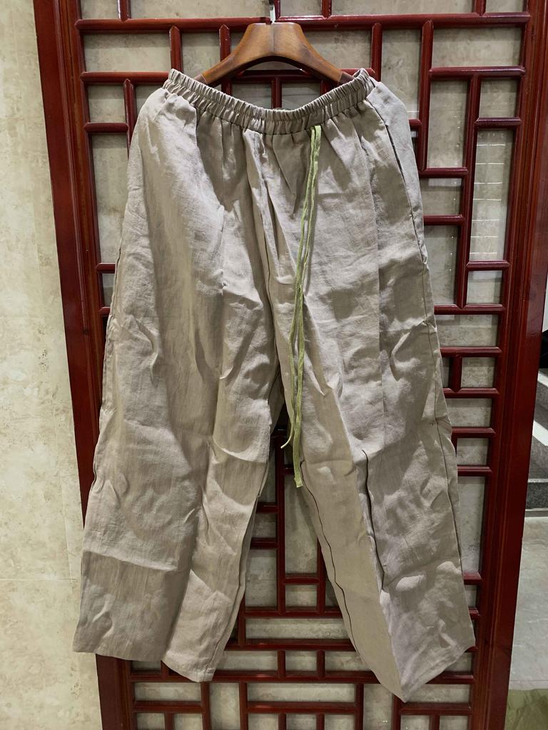 Johnature Women Vintage Loose Spring Wide Leg Pants Elastic Waist Linen Trouser Solid Color Bandage Women Long Pants