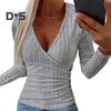 Dámské podzimní jednobarevné topy s hlubokým výstřihem do V, halenka s dlouhým rukávem, elegantní slim fit, knoflíky, dekorace, žebrované svetry