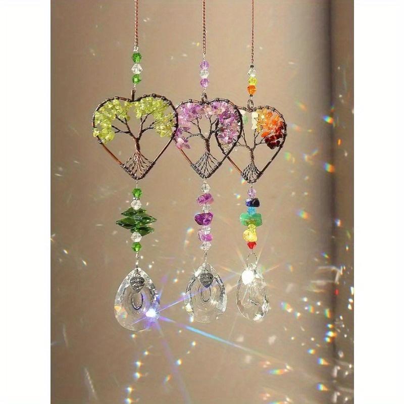 1PC Rainbow Sun Catcher, Tree Of Life Sun Catcher Heart Shaped Ornament Chakra Wheel Stone Window Ball Prism Hanging Garden Home Car Decoration