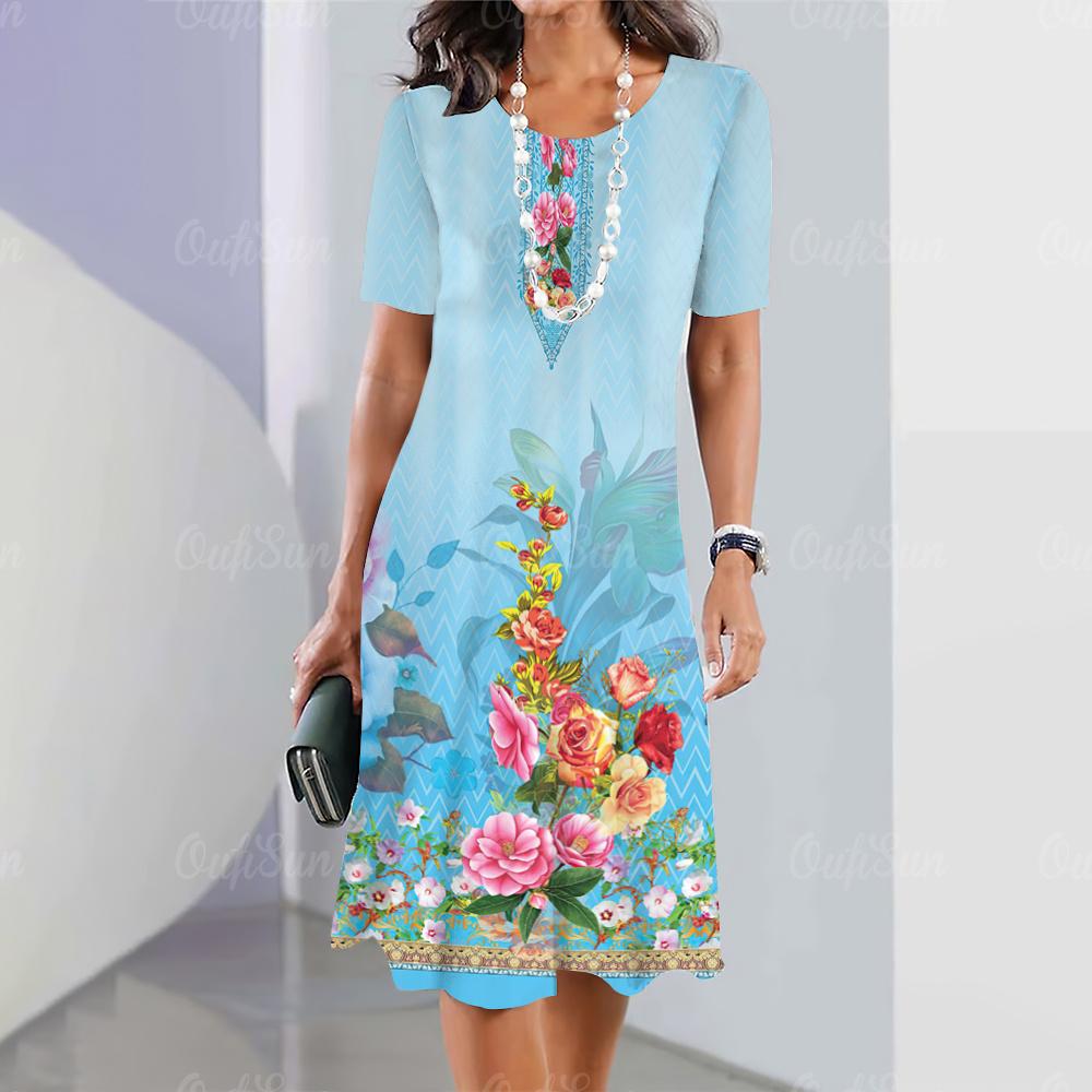 Summer Women's Short-sleeved Pullover Casual Loose Dress 3d Floral Print O-neck Fashion Women's Clothing