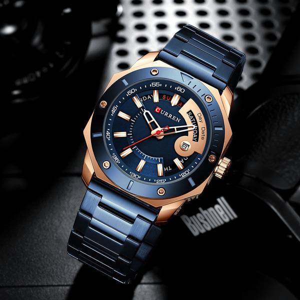 Men's Watch Fashion Chic Stainless Steel Quartz Male Watches with Date and week Gentleman Choice