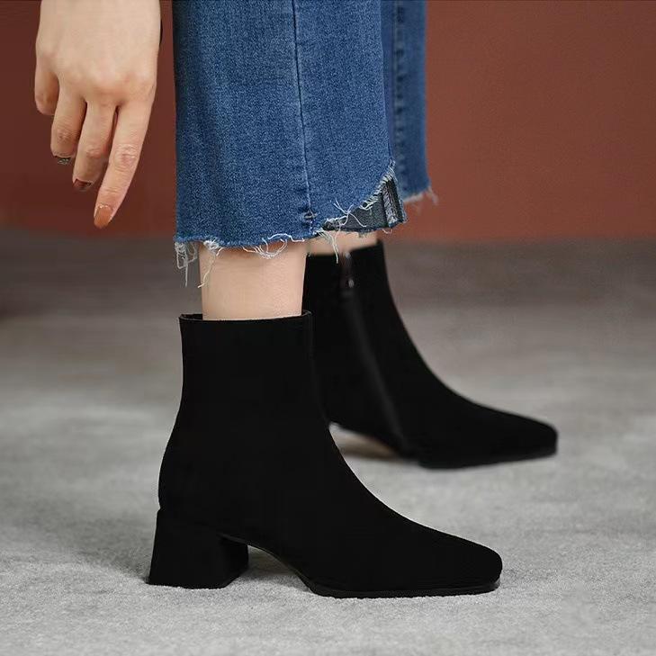 

Short boots women s 2025 spring and autumn new thick heel boots pointed high heels medium heel short boots suede women s boots versatile boots 35