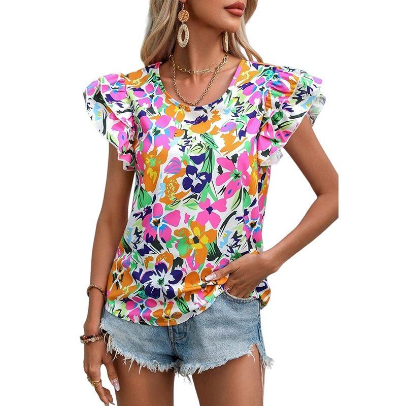 

Summer New Arrival Shoelace Ruffle Top Women s 2024 Fashion Thin Casual Print Pullover round Neck Chiffon Shirt Women LC25121235-Rose Red L code fits (62.50 kg-70.00 kg