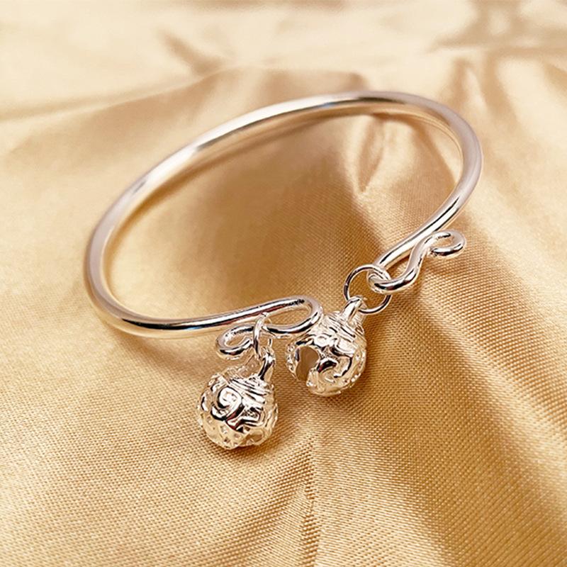 

Браслет Dingdang, Step By Step, Ring Bell, браслет из чистого серебра S999, твердый браслет с двойным дворцовым колокольчиком, маленький и популярный подарок для подруги Adjustable size серебряный