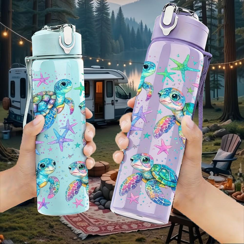 1PC Ocean Sea Turtle Starfish Print 750ml Color Plastic Sports Water Bottle Leakproof Flip Straw Lid Suitable for Sports Office Home Use