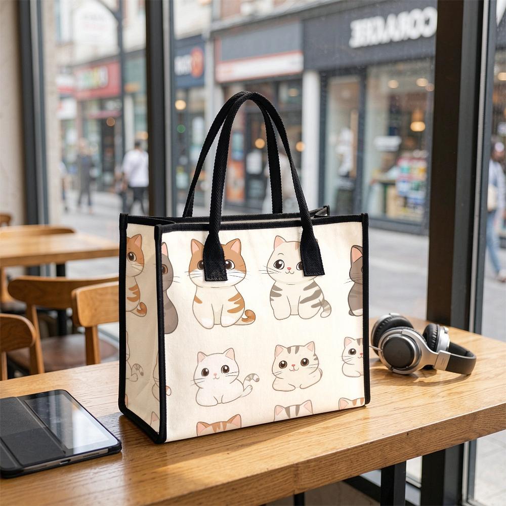 Cute Cat Printed Tote Bag Fashionable Casual Portable Large Capacity Daily Use Shopping Shoulder Handbag