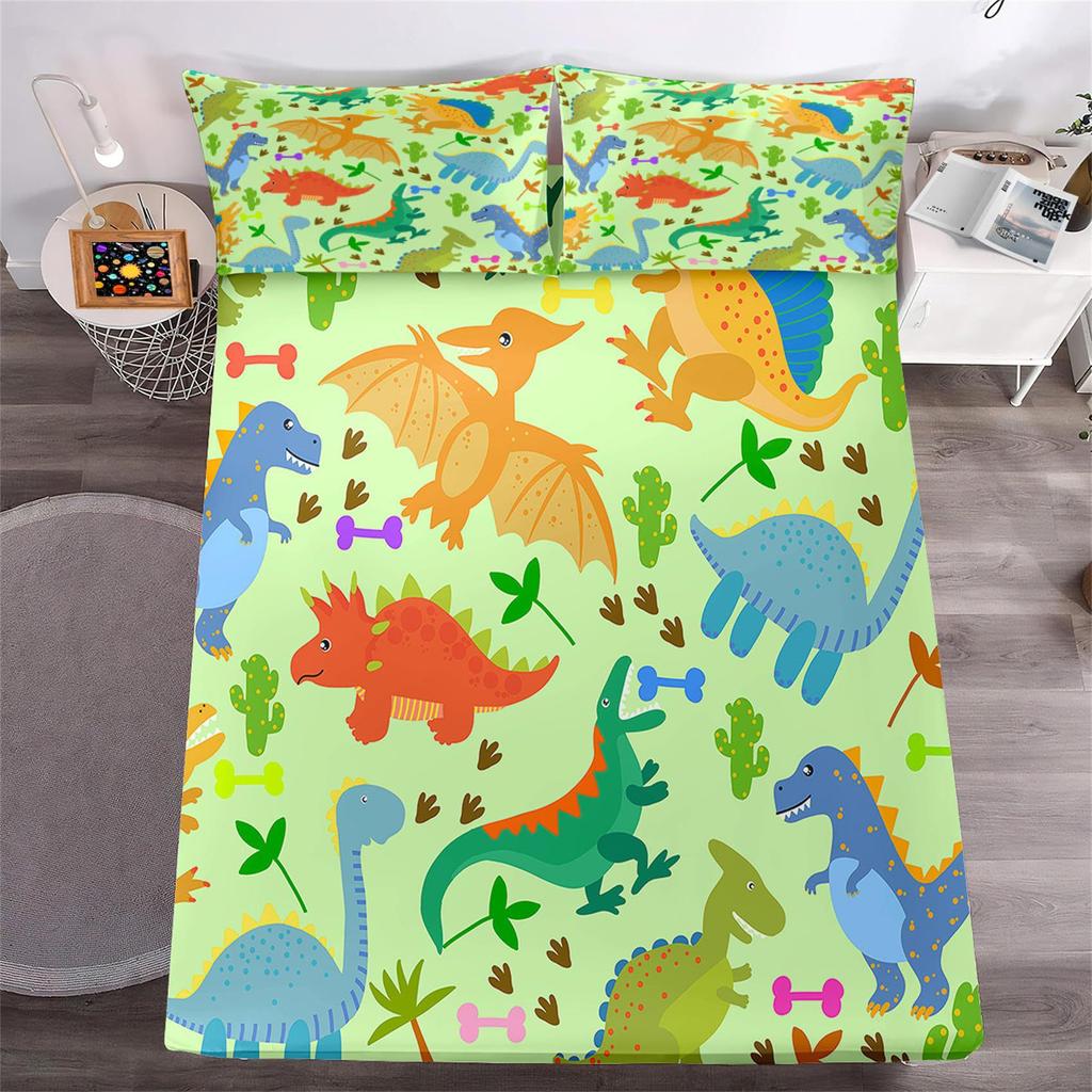 Cartoon Little Dinosaur Pattern Bed Hat Four-Piece Bedding Set Bedroom Dormitory Bedding Decoration