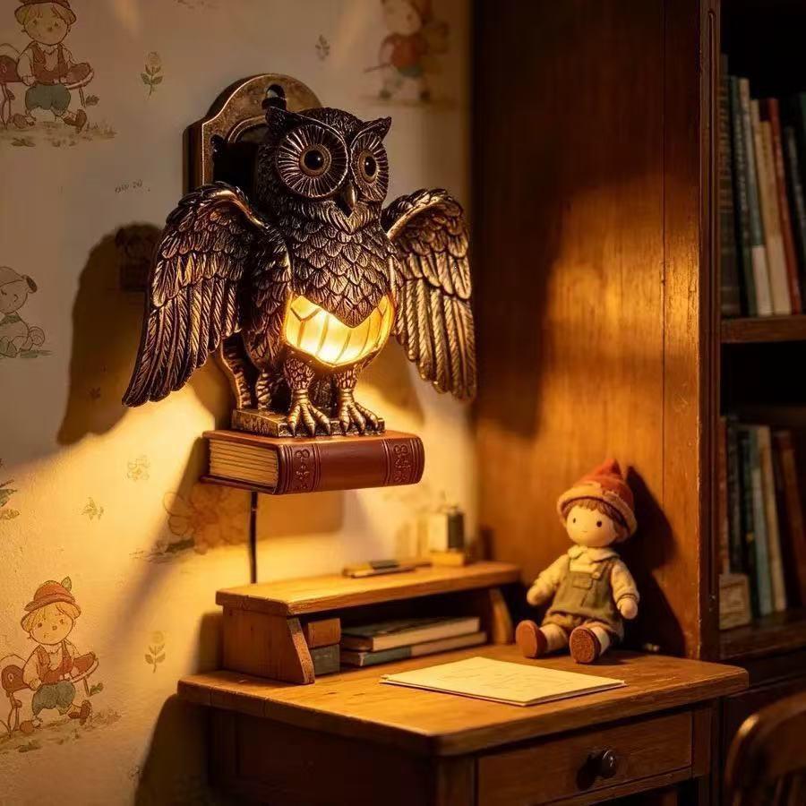 European Retro Owl Luminous Wall Decor - Creative Resin Relief Night Light for Library or Bedroom