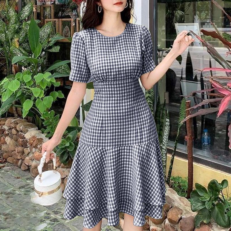 

ZANZEA Женское повседневное летнее платье с круглым вырезом и принтом в клетку, с короткими рукавами M синий