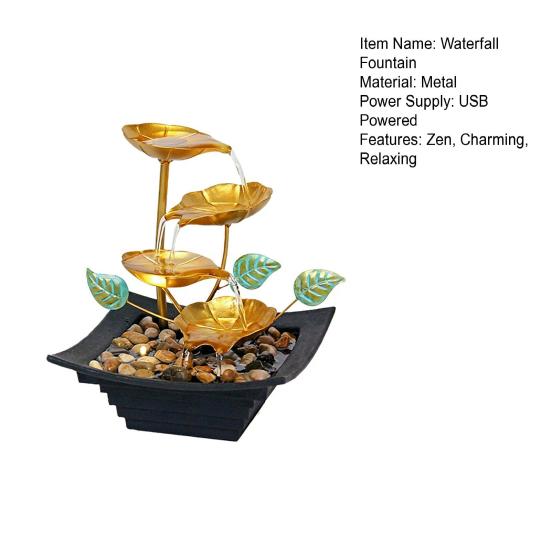 Golden Relaxation Tabletop Water Fountain with LED Light 4 Tier Lotus Small Desktop Waterfall Fountain with Rocks for Home Bathroom Bedroom Decor