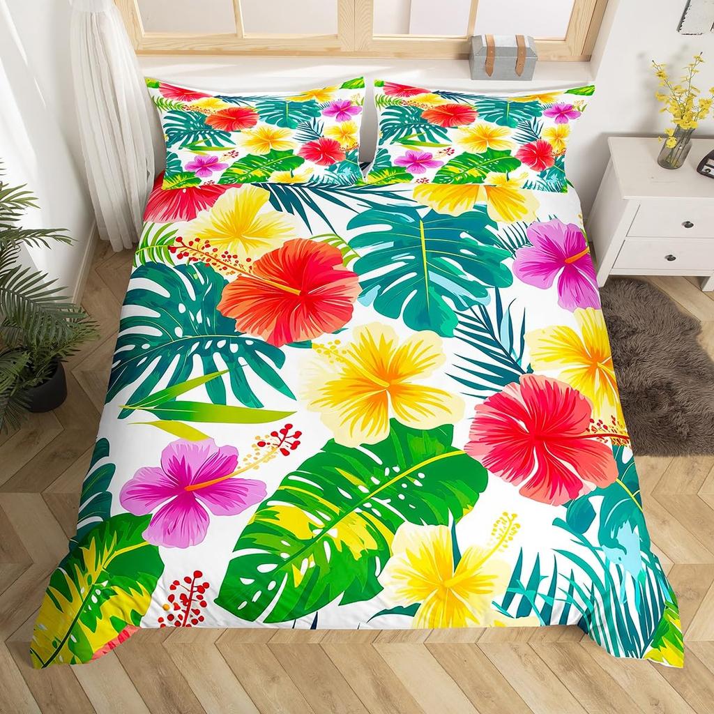 Tropical Flower Hibiscus Duvet Cover Full For Boy Girl Botanical Floral Bedding Set Rustic Romantic Boho Flowers Comforter Cover