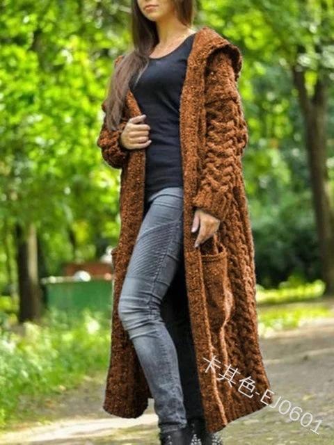 Women's Hood Neck Long Sleeve Cardigan Sweater Cape Fit British Style Solid Color Cable Knit Lazy Casual Commuter Long Knit Coat