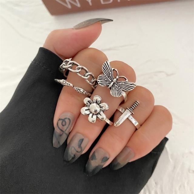 17KM Gothic Punk Steampunk Heart Butterfly Skull Ring Sets Party Jewelry 2021