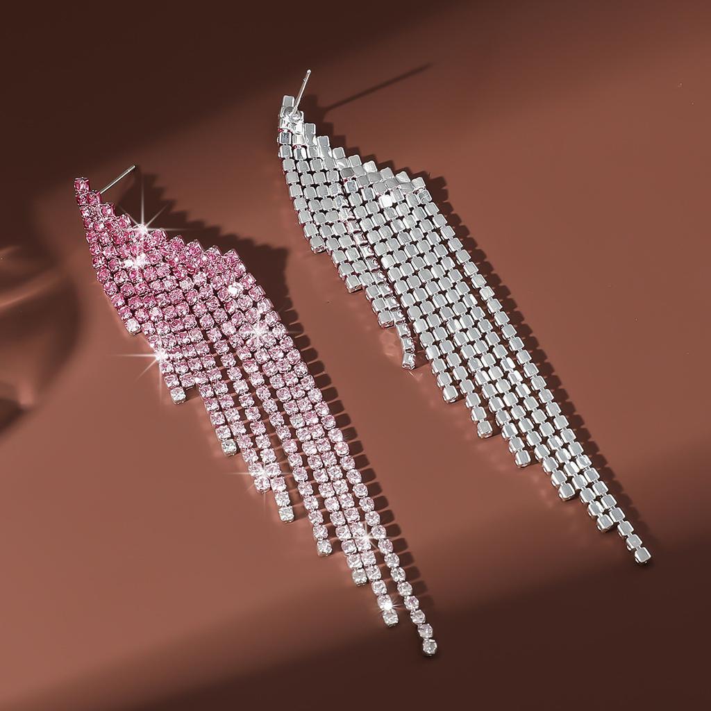 Ladies Light Luxury Gradient Color Long Tassel Shines Crystal Ear Drop