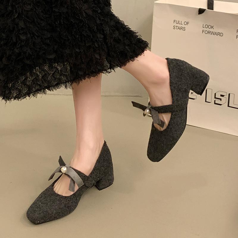 

Bow grey woolen single shoes thick heel inner heel height.cm - .5cm Mary Jane shoes 39