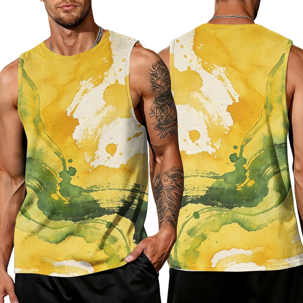 Men's Casual Sleeveless Tank Top Sport Breathable Lightweight Muscle Shirt with Abstract Ink Splash Print for Outdoor Gym Training