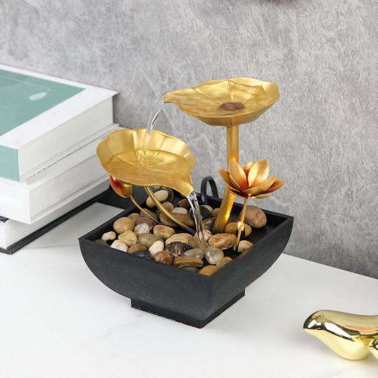 Tabletop Water Fountain USB Powered Golden Lotus Desktop Decorative Waterfall Fountain with Rocks for Home Bathroom Bedroom Indoor Zen Decor