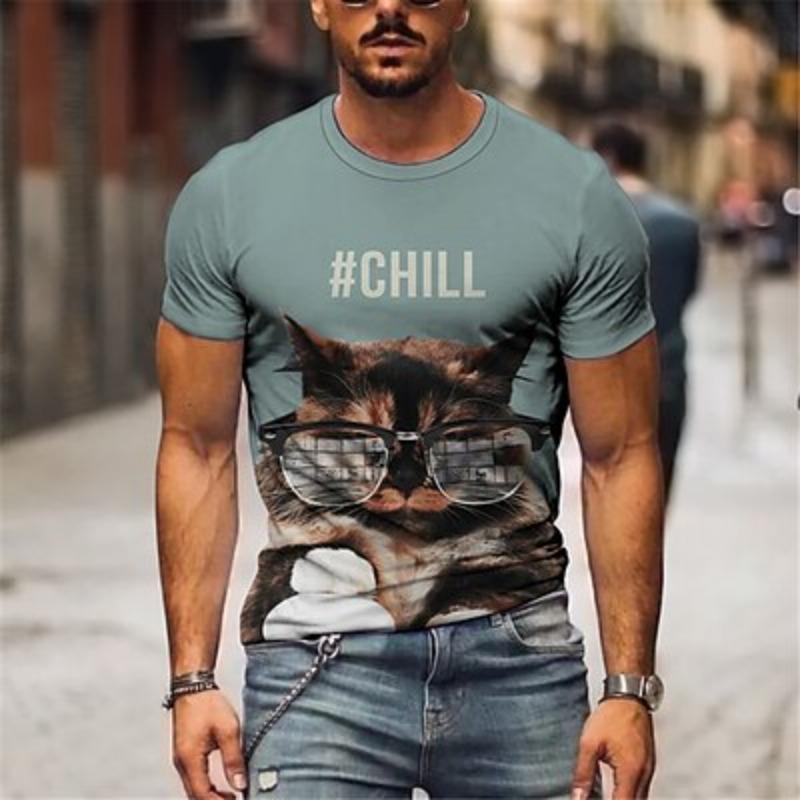 Men's Animal Cat T-shirt Funny T-shirt Short Sleeve T-shirt 3D Printed Captain Neck Shirt Designer Basic Slim Casual Daily
