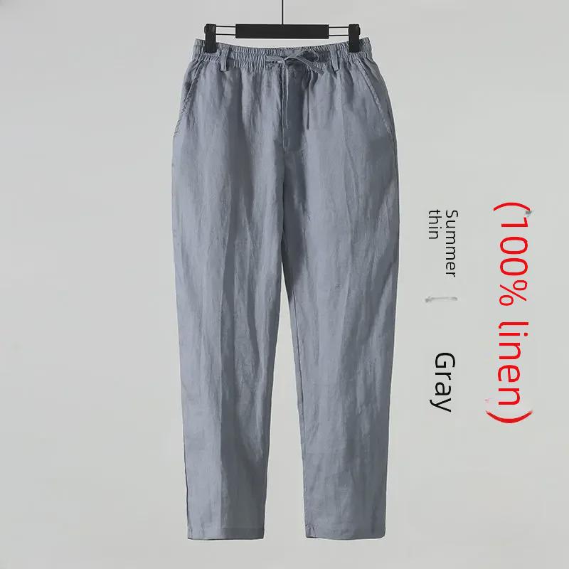 

Мужские свободные летние повседневные брюки из льна и хлопка, длина девять точек, китайский стиль 2XL (110-125 jin)