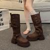 Spring and Autumn Height Increase Beauty Small Man Rad Thick Leg Knight Boots New Tall Boots Brown 2025 Fat Mm Long Boots Women