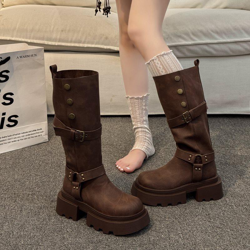 Spring and Autumn Height Increase Beauty Small Man Rad Thick Leg Knight Boots New Tall Boots Brown 2025 Fat Mm Long Boots Women