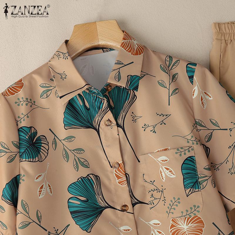 ZANZEA Women Floral Short Sleeve Shirt and Pants Summer Two Piece Suit Sets