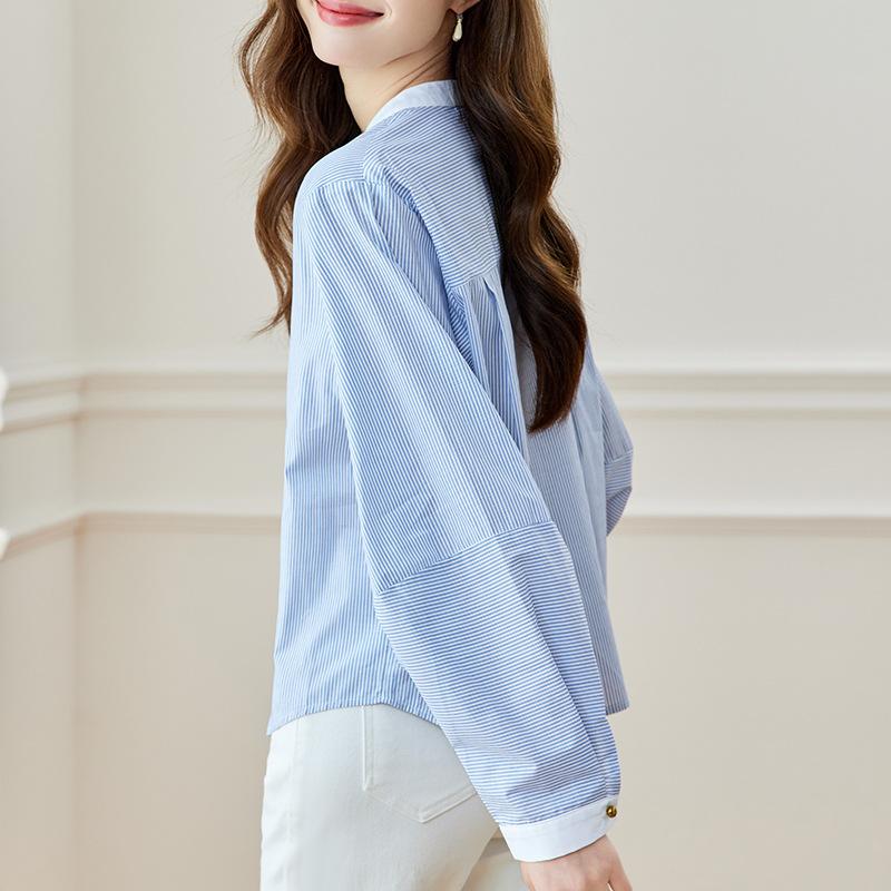 Blau gestreiftes Hemd für Damen Langärmlig Frühjahrskleidung Neues Rundhals-Oberteil Koreanischer Stil Modisch Vielseitiges Hemd