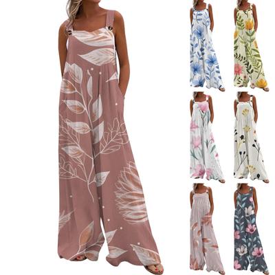 Damen-Overall, lässiger Druck, weites Bein, Overall, Latzhose, ärmellose Träger mit Taschen, Outfits