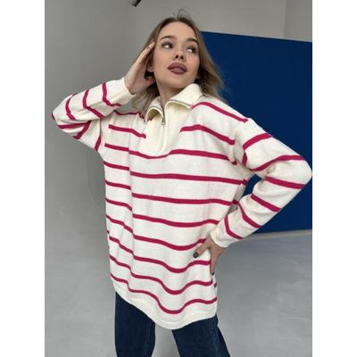 Veste en Tricot Rayée Ample à Revers et Demi-Zip pour Femme Automne et Hiver