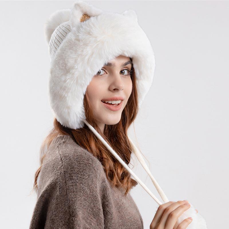 Winter Cute Warm Knitted Hats for Women Cartoon Cat's Ears Two Balls Earflap Cap Plush Fluffy Thicken Warm Fur Beanie Hat Female