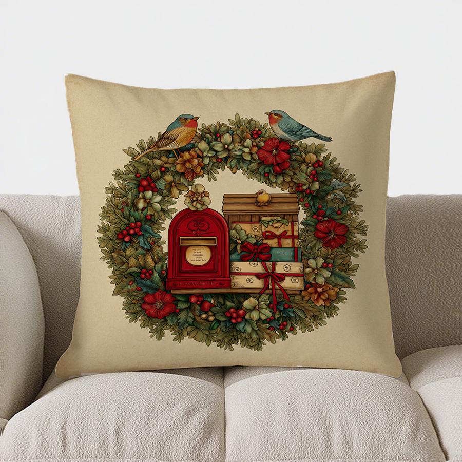 Home Decor Christmas Wreath With Birds And Gifts Pillow Pattern Cushion Cover Suitable For Sofa Bedroom Car Pillow Cover