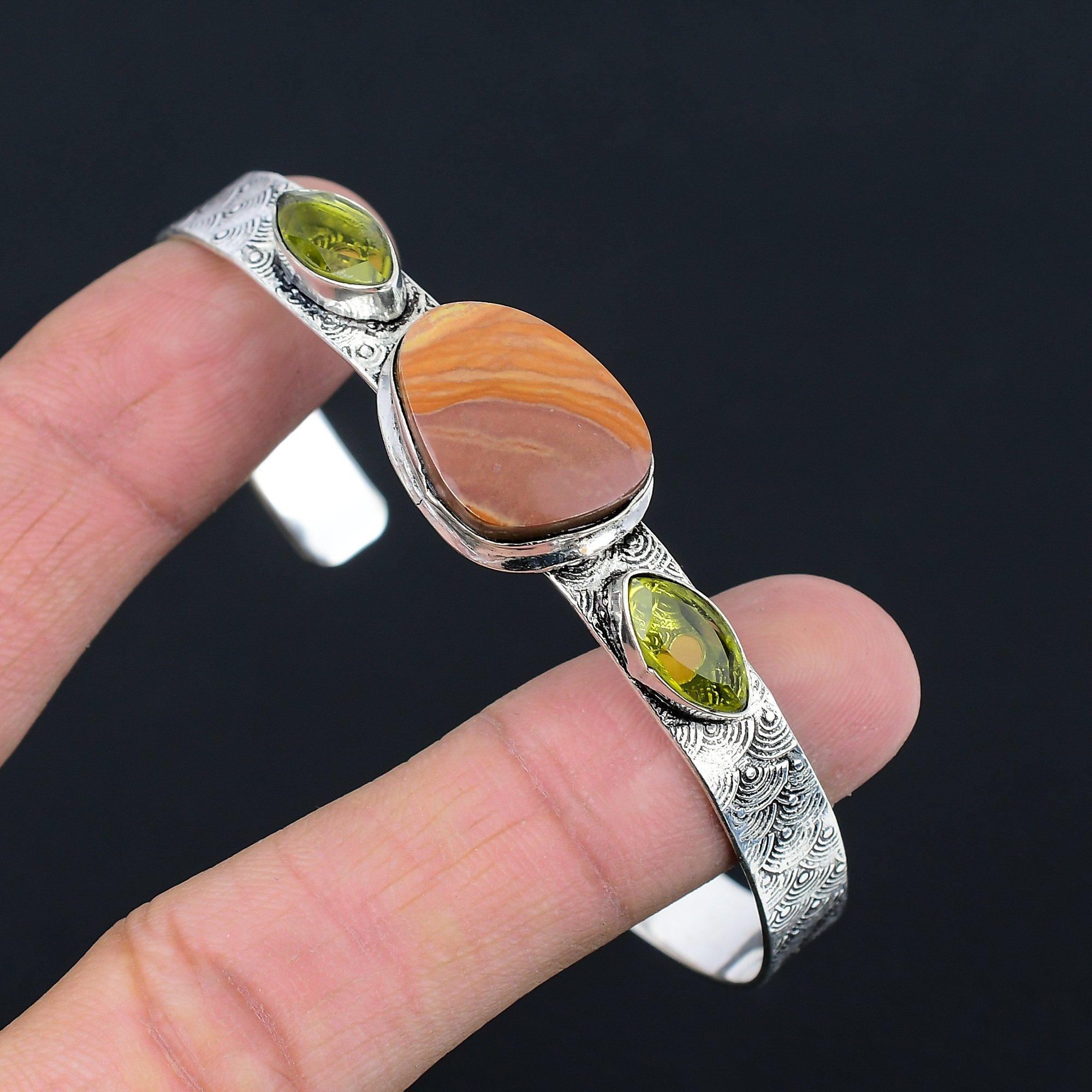 

Anniversary Gift For Her Natural Landscape Jasper Bangle Adjustable 925 Silver Adjustable