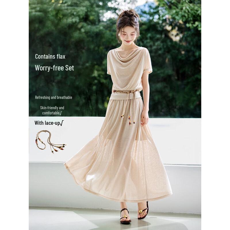 Flax Blend Drape Neck Top & Pleated Skirt Set XL