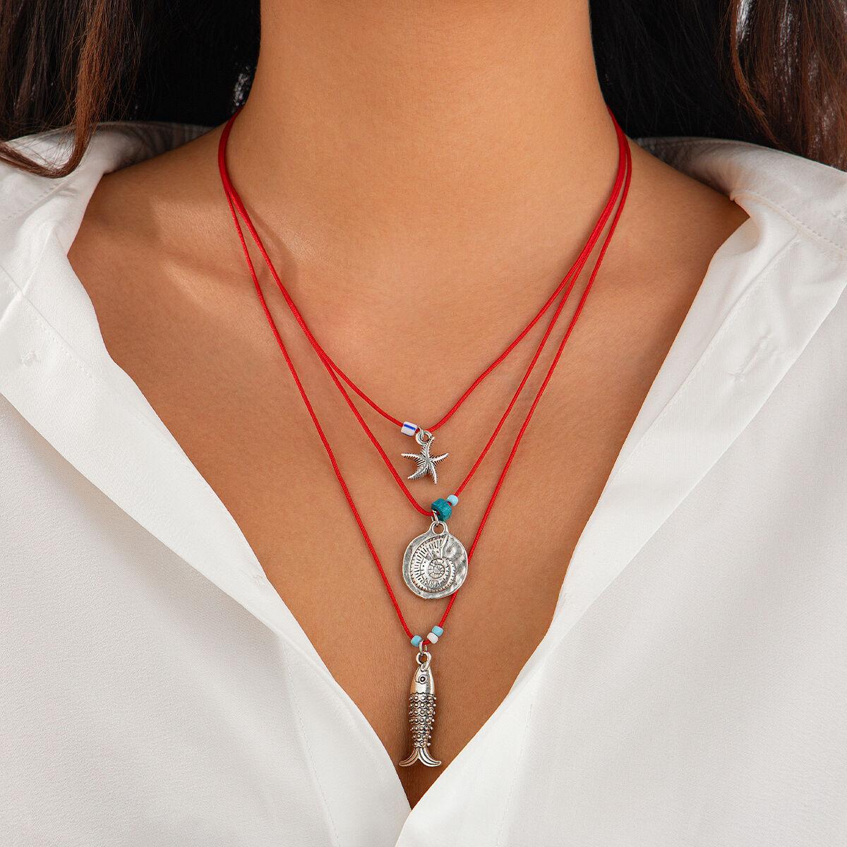 

Ingemark 3Pcs/Set Ethnic Adjustable Red Rope Chain Necklace for Women Men Boho Metal Starfish Fish Pendant Y2K Neck Jewelry Gift