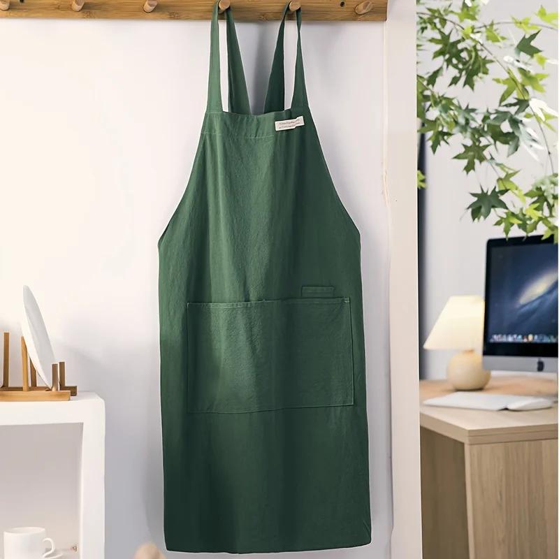 

Women Japanese and Korean simple apron denim apron cotton and linen solid color blouse kitchen Florist coffee shop apron зелёный