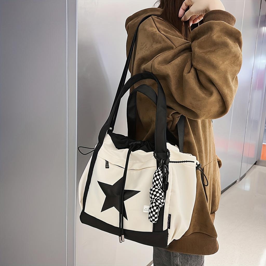 Fashion-Forward Star Pattern Colorblock Shoulder Bag Stylish Drawstring Closure for Casual Chic - Adjustable, Multipurpose Design Ideal for School
