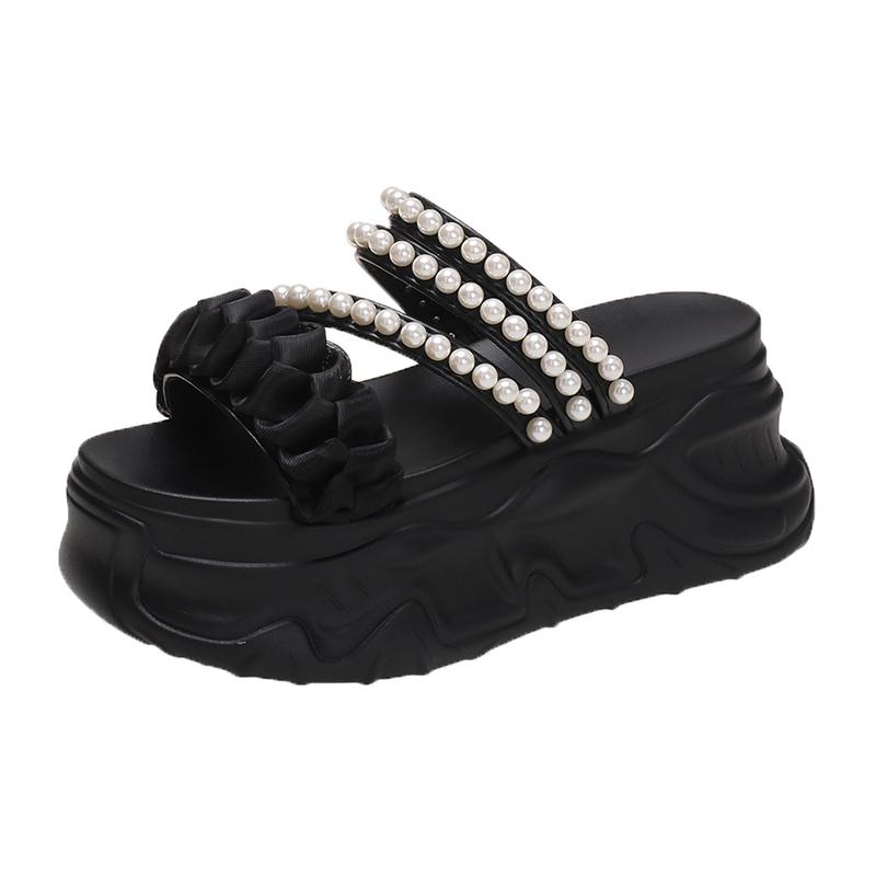 

Модные летние 2025 массивные сандалии женские на толстой подошве танкетке шлепанцы 8 см высокие каблуки платформа кожаные повседневные пляжные шлепанцы женщина 34 чёрный