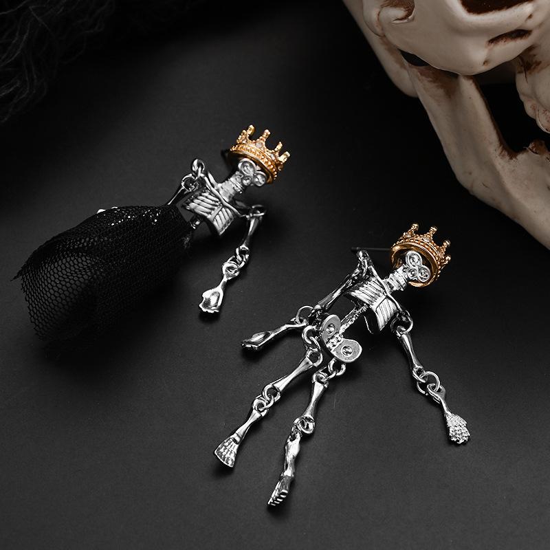 Gothic Skull Tassel Earrings & Black Gauze Skirt Crown Set