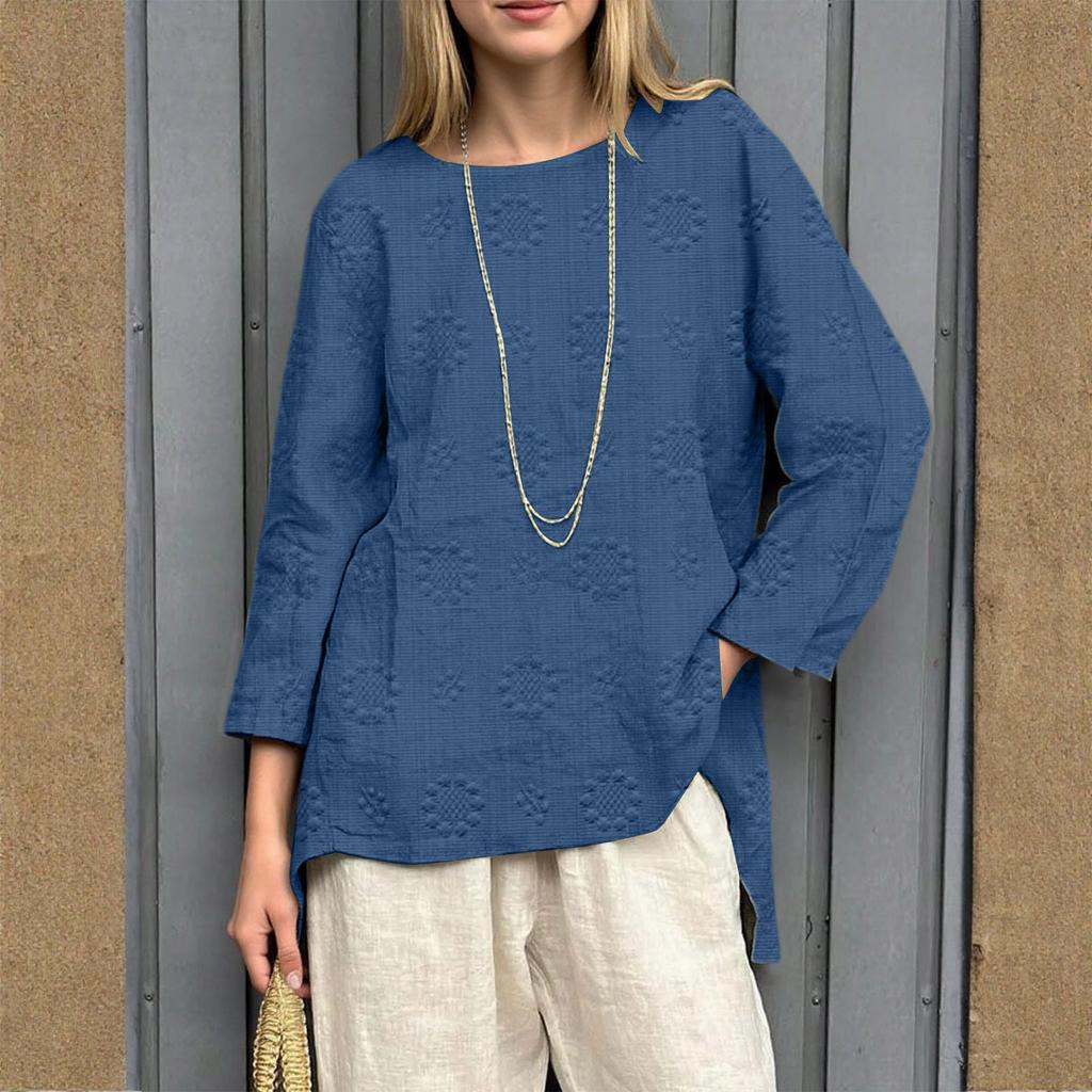 Women's Loose Cotton And Linen Retro Printed Round Neck Long Sleeved Fashionable Top