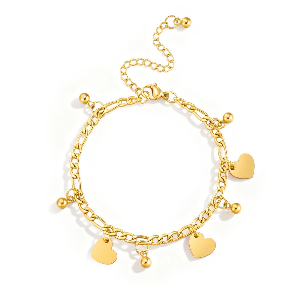Teamer Stainless Steel Round Bead Heart Charm Bracelets 18k Gold Plated Holiday Jewelry For Women Daily Wear Party Jewelry Gift