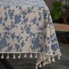 Blue & White Porcelain Retro Cotton Linen Tablecloth with Yellow Tassels