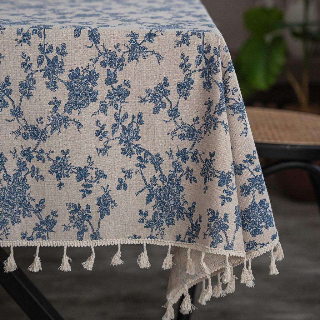 Blue & White Porcelain Retro Cotton Linen Tablecloth with Yellow Tassels
