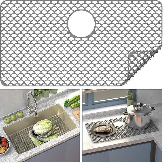 Toovem Silicone Sink Mat 28 x15 Sink Protectors for Kitchen Sink with Heat Resistant Flexible Stable for Bottom of Farmhouse Stainless Steel Grey-Rear Drain 5670₽