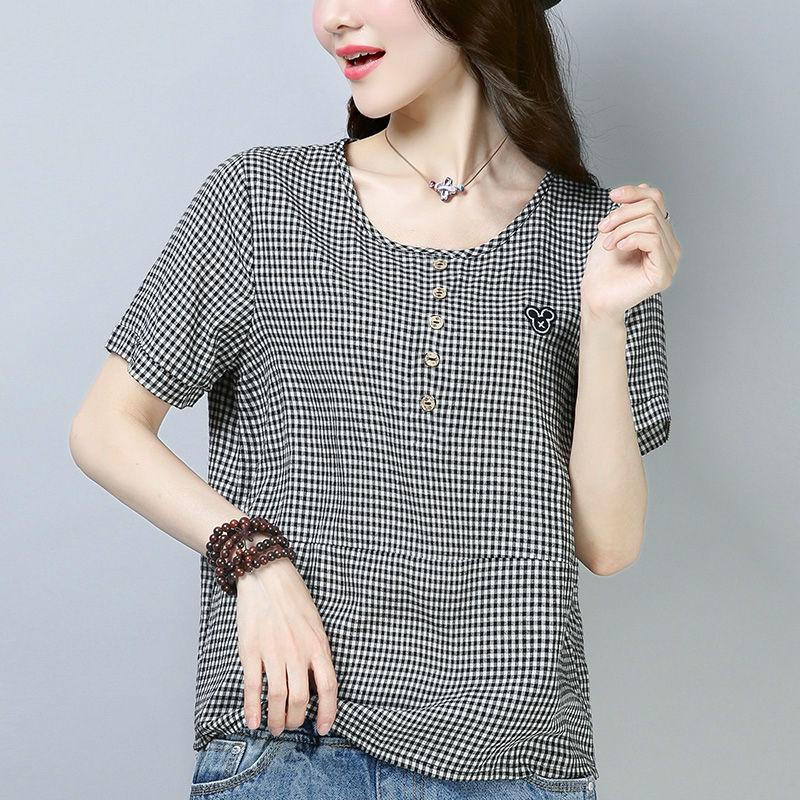 Plaid T-shirt women's summer short-sleeved new loose large-size cotton bottoming shirt top