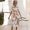 Hohe Taille A-Linie Sommerkleid Damen Schnürung Ethnisch Bedruckt Kurzarm